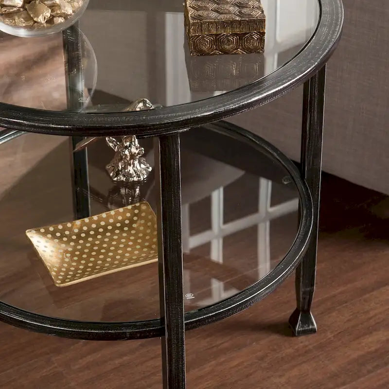 Table d'appoint ronde, cadre en métal noir vieilli, plateau en verre + étagère inférieure, style industriel