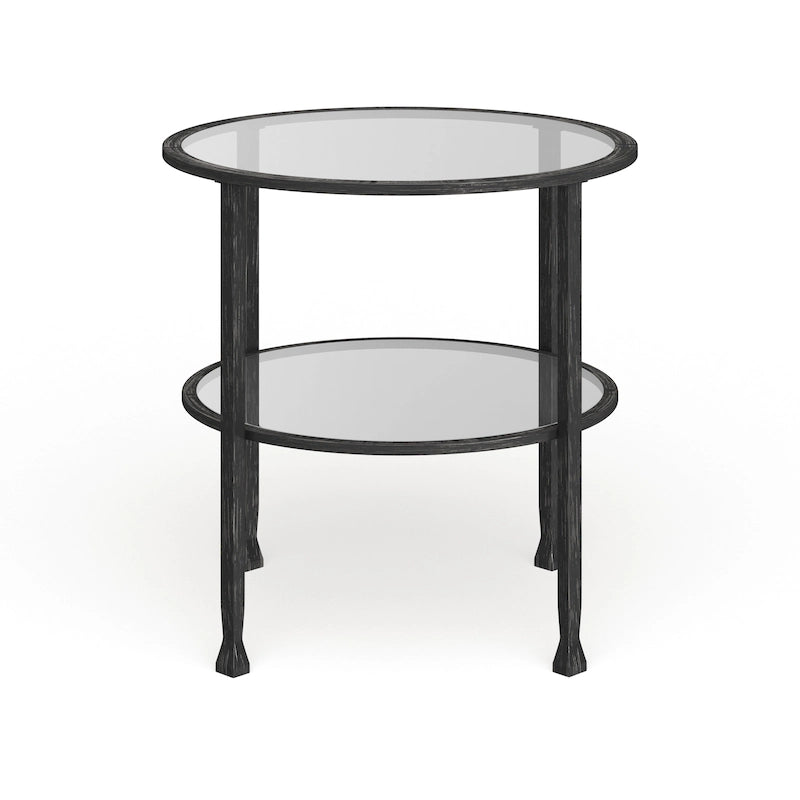 Table d'appoint ronde, cadre en métal noir vieilli, plateau en verre + étagère inférieure, style industriel