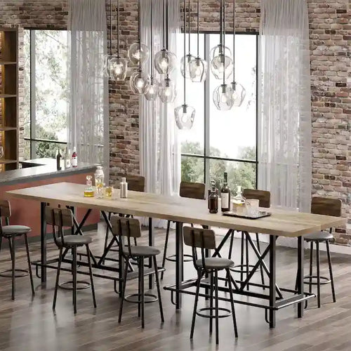 Table de bar haute 6 personnes avec repose-pieds, Table de bar haute avec plateau en bois épais et cadre métallique pour la maison/cuisine