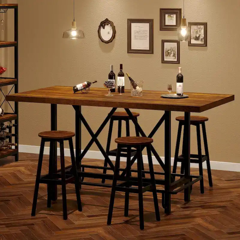 Table de bar haute 6 personnes avec repose-pieds, Table de bar haute avec plateau en bois épais et cadre métallique pour la maison/cuisine