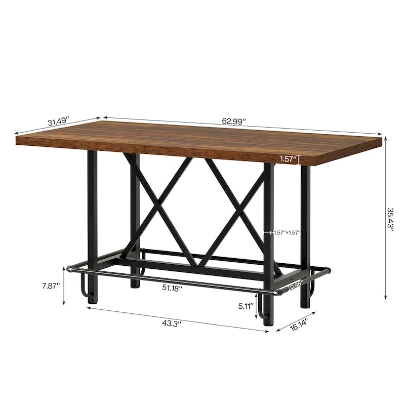 Table de bar haute 6 personnes avec repose-pieds, Table de bar haute avec plateau en bois épais et cadre métallique pour la maison/cuisine