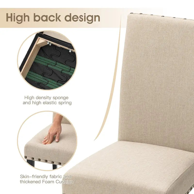 Lot de 2 chaises de salle à manger hautes en lin de 96,5 cm, cloutées, assise rembourrée, patins antidérapants