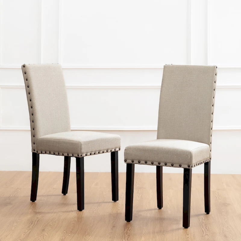 Lot de 2 chaises de salle à manger hautes en lin de 96,5 cm, cloutées, assise rembourrée, patins antidérapants