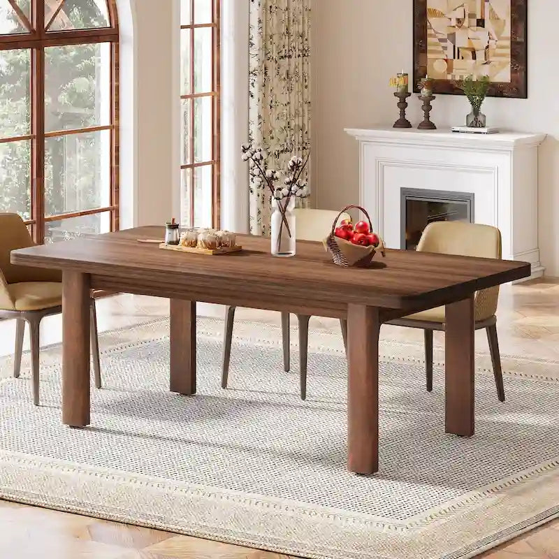 Table de salle à manger de ferme de 63 po pour 4-6 personnes, plateau en MDF + pieds en bois massif, brun rustique, multi-usage