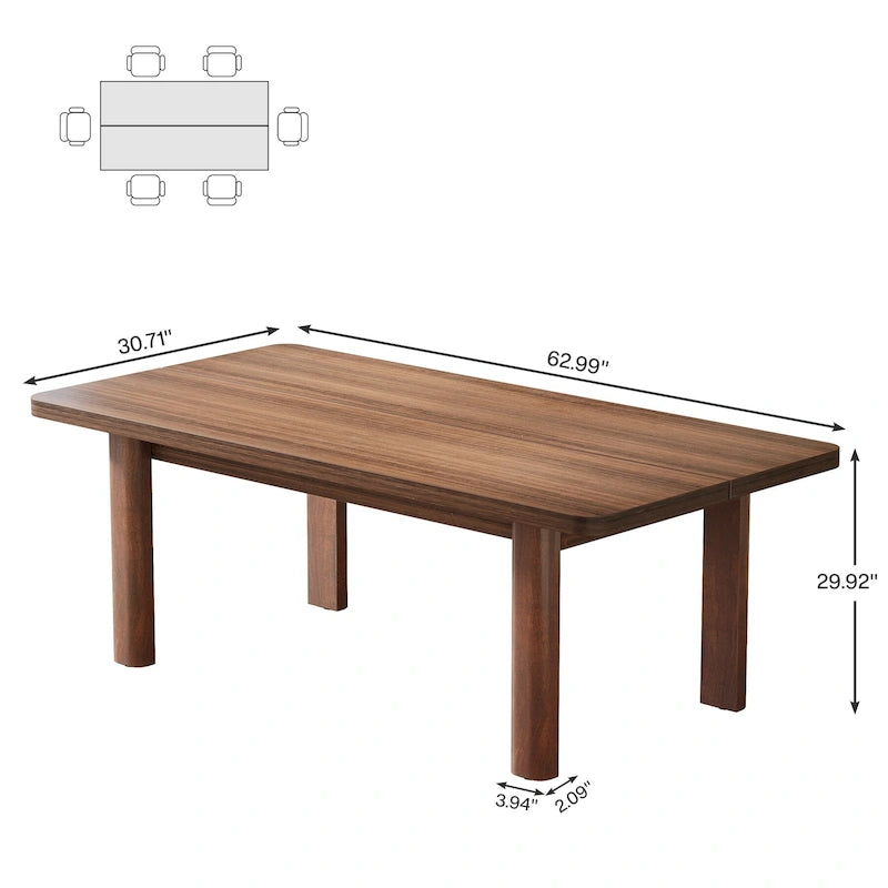Table de salle à manger de ferme de 63 po pour 4-6 personnes, plateau en MDF + pieds en bois massif, brun rustique, multi-usage