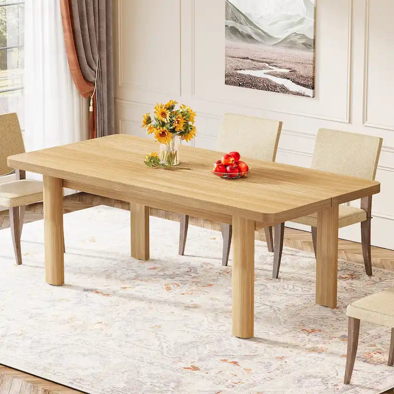 Table de salle à manger de ferme de 63 po pour 4-6 personnes, plateau en MDF + pieds en bois massif, brun rustique, multi-usage