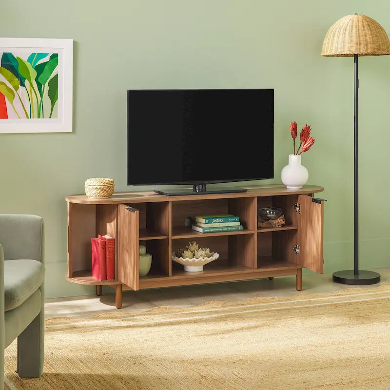 Meuble TV cannelé de 60" avec bords arrondis, style moderne, meuble de rangement multimédia