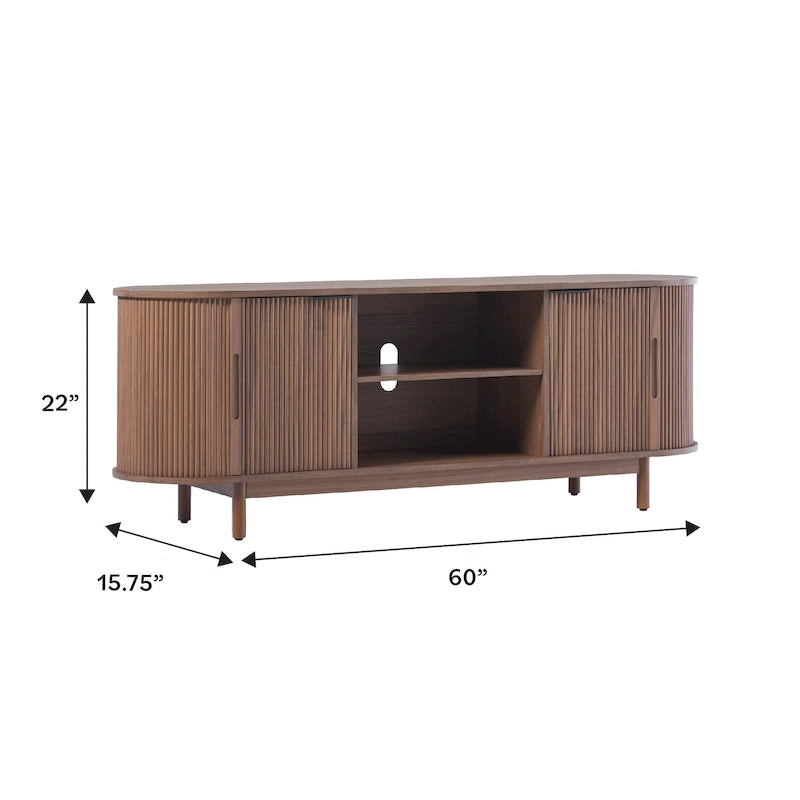 Meuble TV cannelé de 60" avec bords arrondis, style moderne, meuble de rangement multimédia