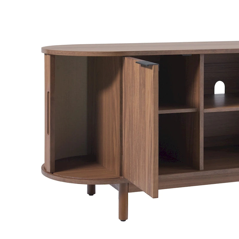 Meuble TV cannelé de 60" avec bords arrondis, style moderne, meuble de rangement multimédia