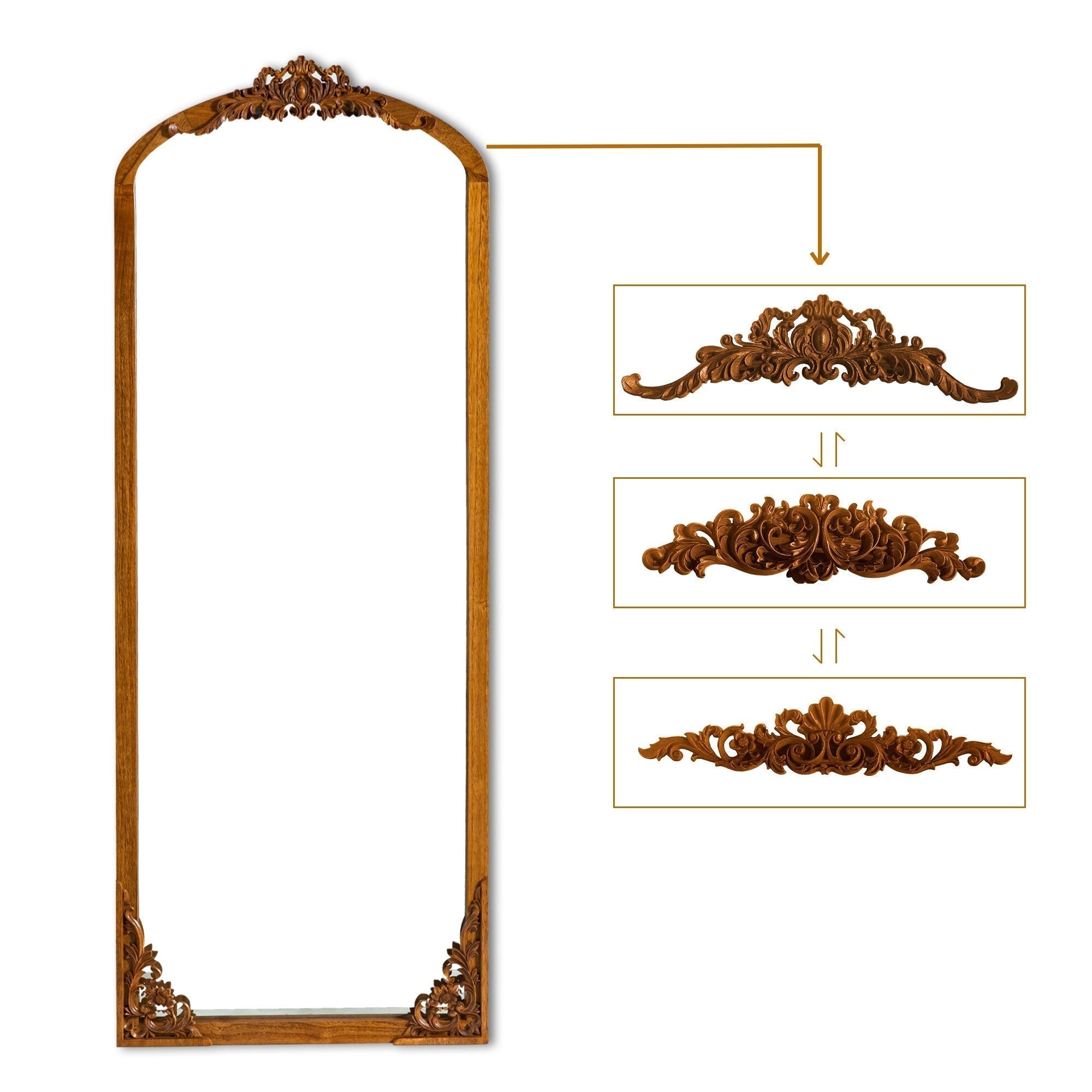 Miroir sur pied en bois massif sculpté en plein cintre
