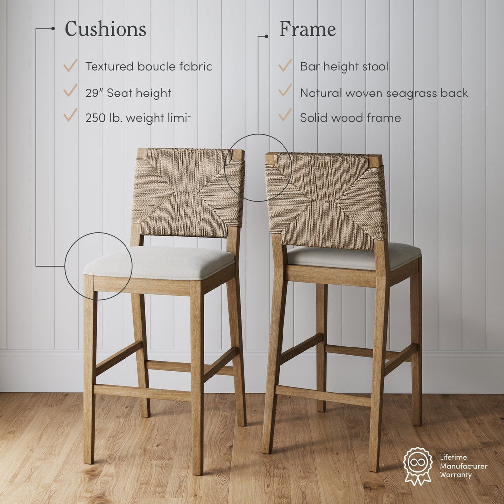 Tabouret de bar Beacon Bohemian Boucle, Chaise de comptoir rembourrée avec structure en bois massif et dossier en jonc de mer tressé