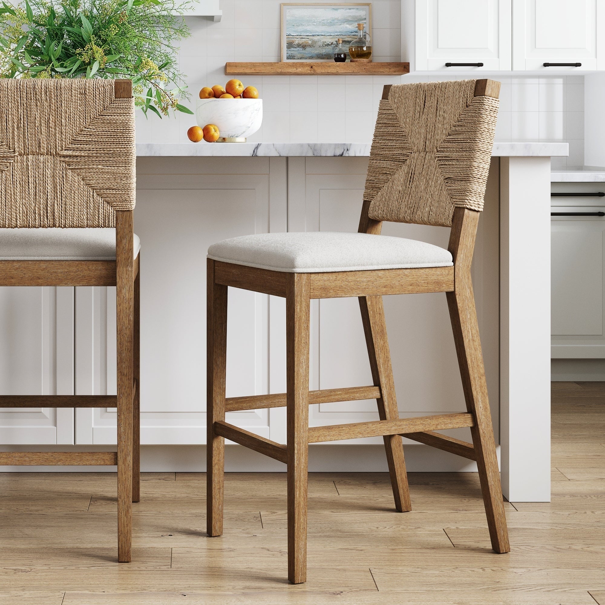 Tabouret de bar Beacon Bohemian Boucle, Chaise de comptoir rembourrée avec structure en bois massif et dossier en jonc de mer tressé