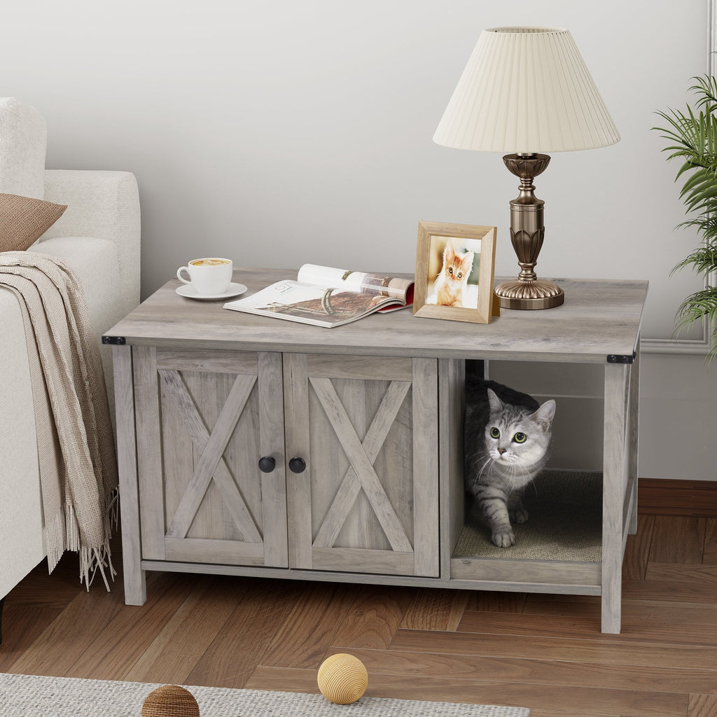 Meuble cache litière, meuble de toilettage pour chat en bois avec griffoir