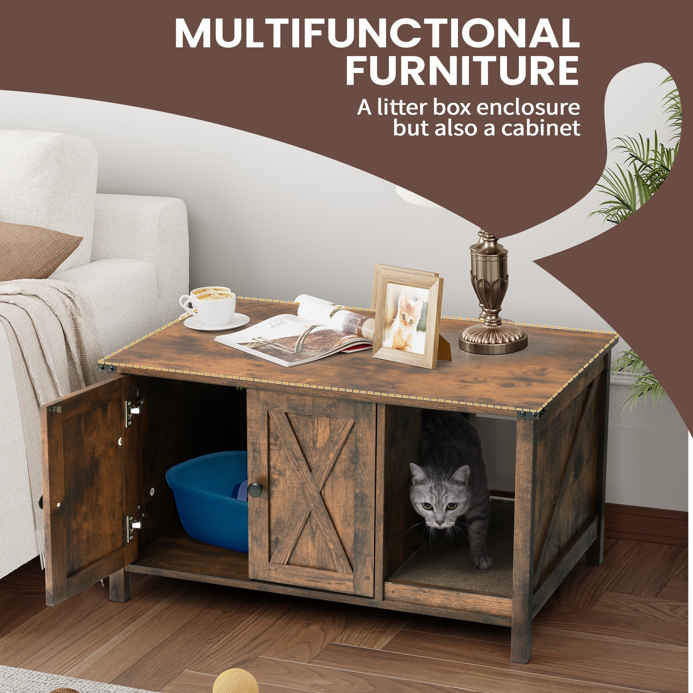 Meuble cache litière, meuble de toilettage pour chat en bois avec griffoir