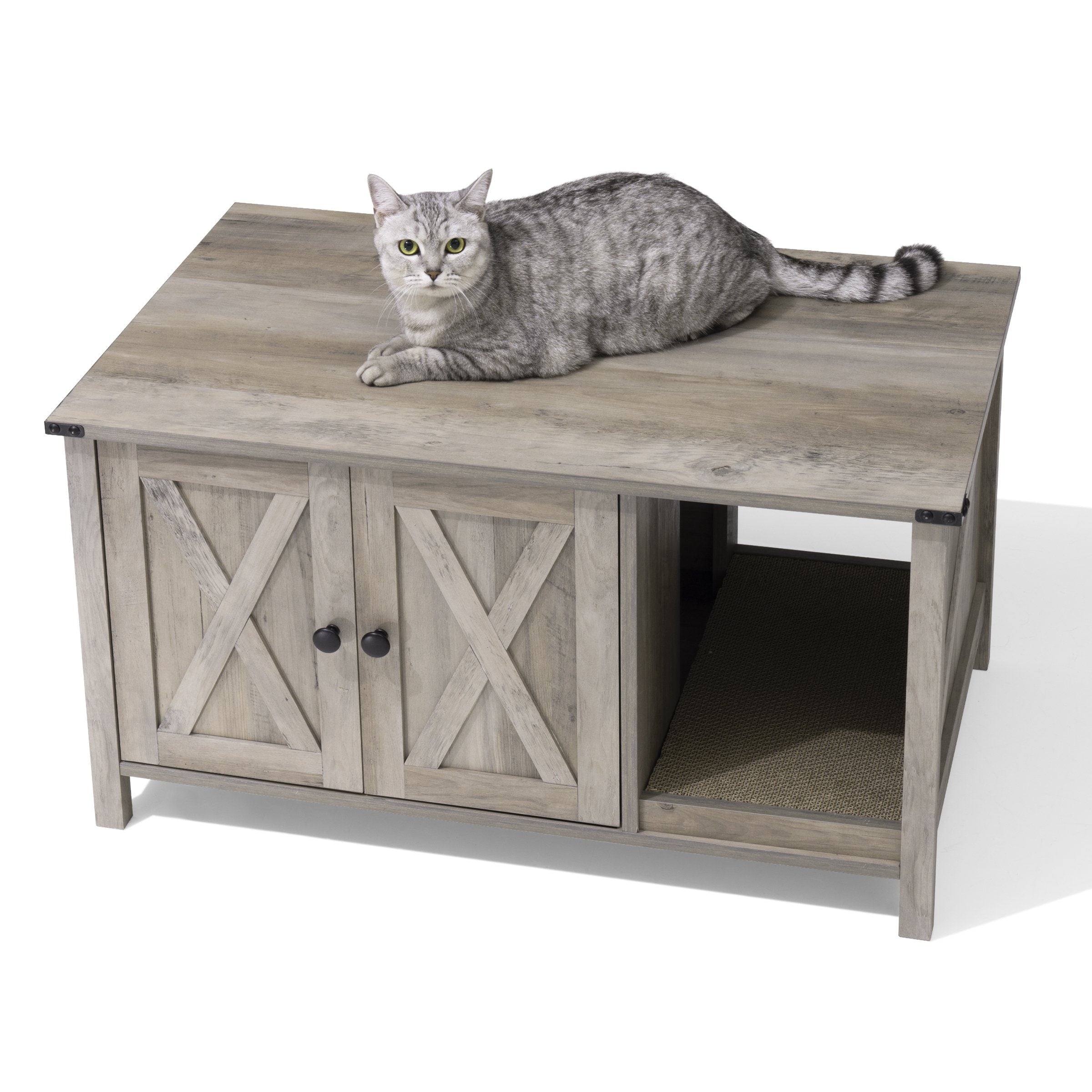 Meuble cache litière, meuble de toilettage pour chat en bois avec griffoir