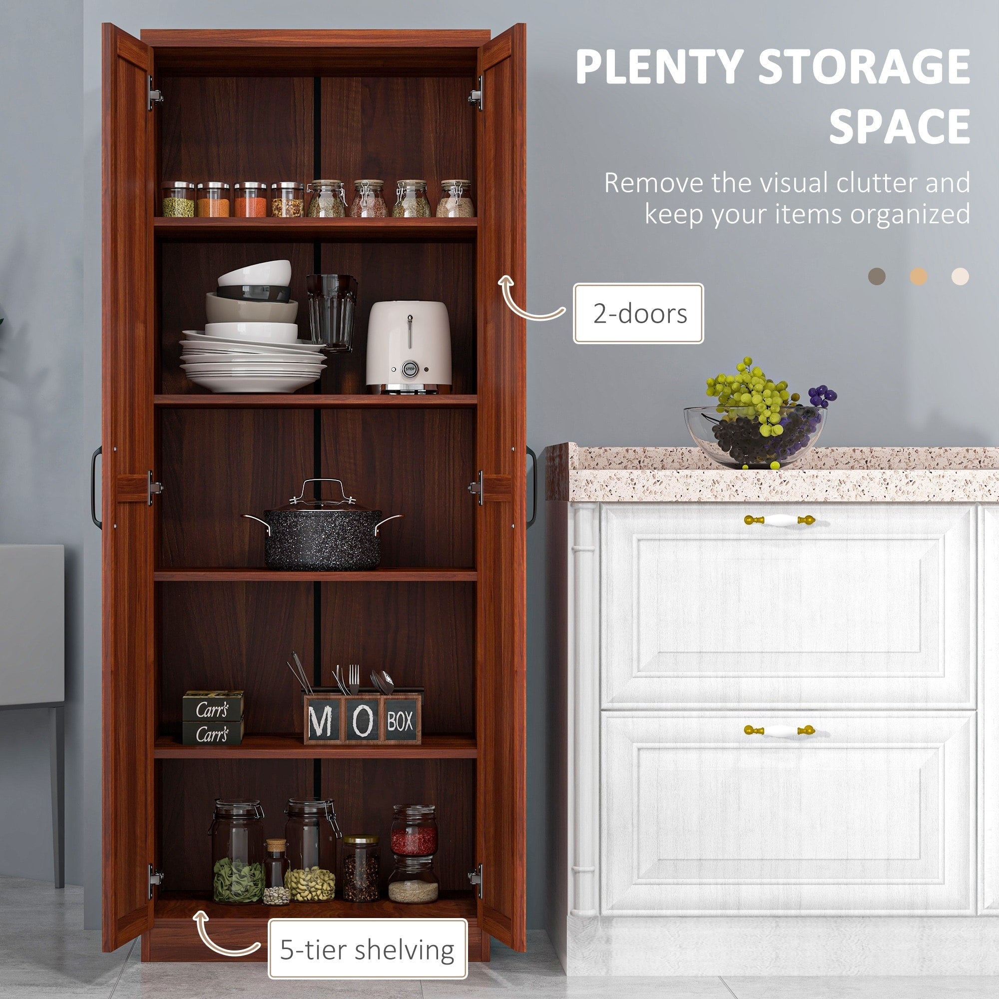 HOMCOM Garde-manger de cuisine 63 pouces à 2 portes, armoire de rangement autoportante avec 5 étagères et 2 étagères réglables pour salle à manger