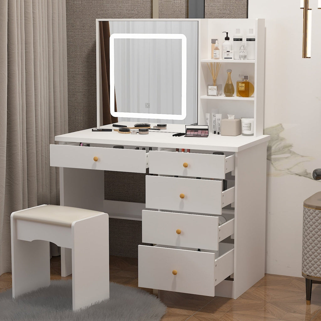 Coiffeuse Kerrogee avec miroir éclairé réglable et tabouret - 100L x 50l x 136H