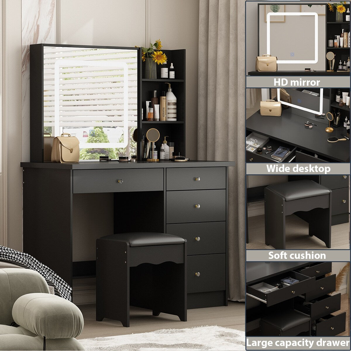 Coiffeuse Kerrogee avec miroir éclairé réglable et tabouret - 100L x 50l x 136H