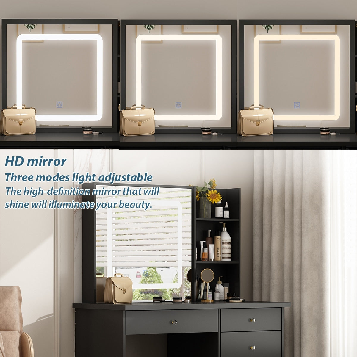 Coiffeuse Kerrogee avec miroir éclairé réglable et tabouret - 100L x 50l x 136H