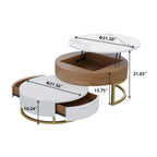 Table basse ronde blanche avec rangement, plateau relevable en bois, avec tiroirs rotatifs blanc naturel