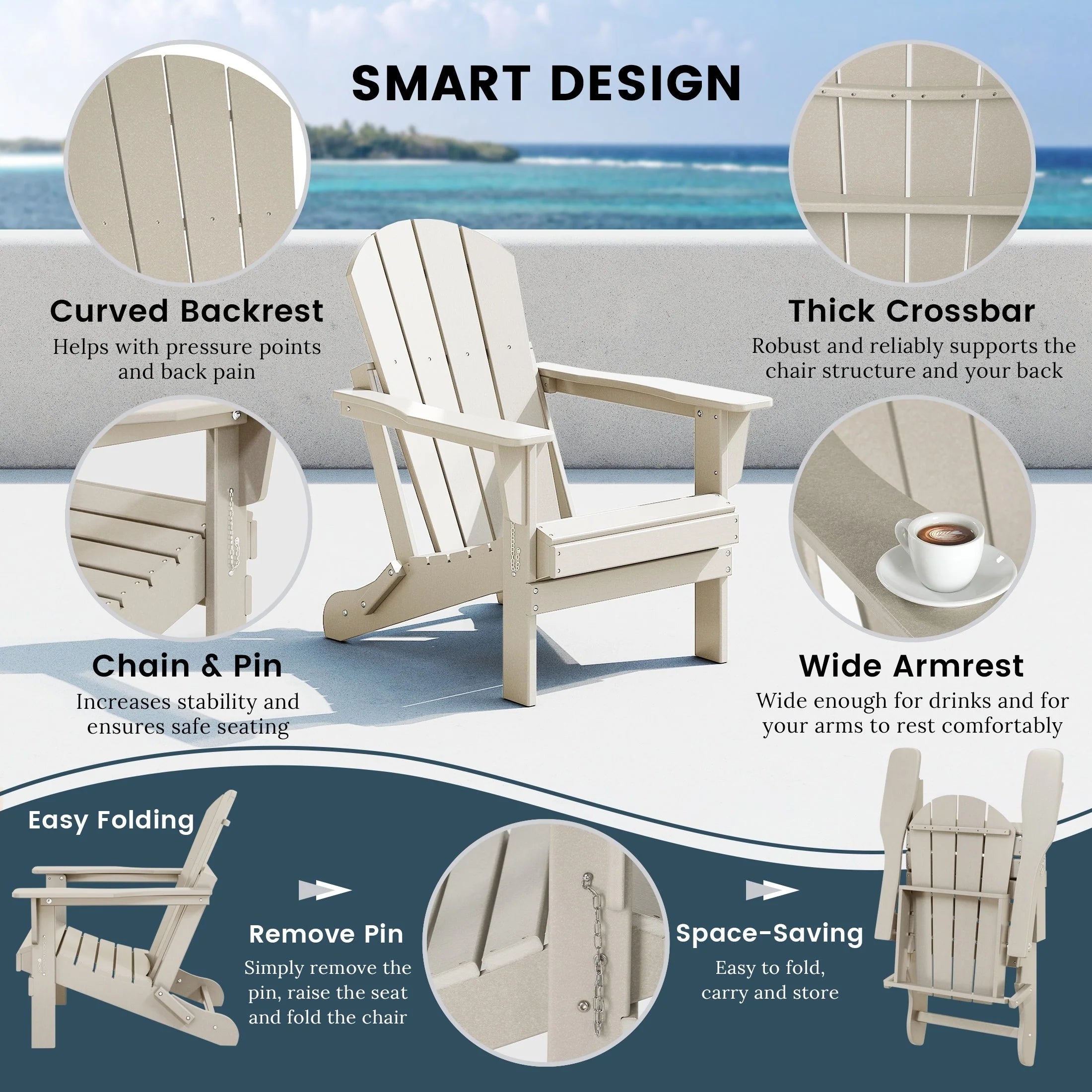 Chaise Adirondack pliante d'extérieur tout temps Polytrends Laguna résistante à la décoloration pour patio
