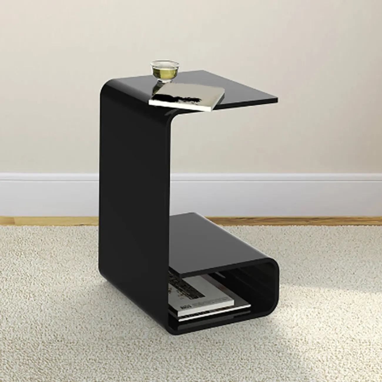 Table d'appoint minimaliste en acrylique en forme de C avec rangement
