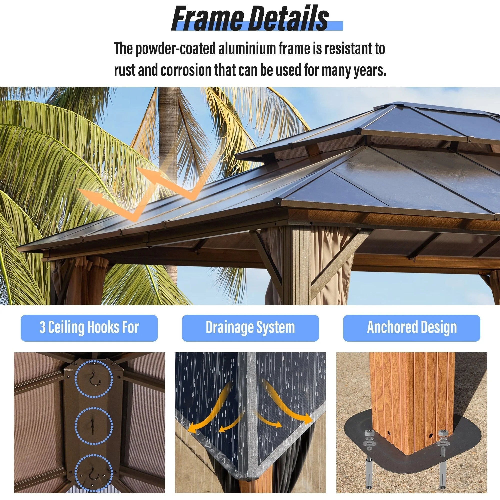 Tonnelle EROMMY à toit rigide, pergola extérieure avec double toit, moustiquaire et rideaux, auvent robuste pour patio, jardin, fête au bord de la piscine