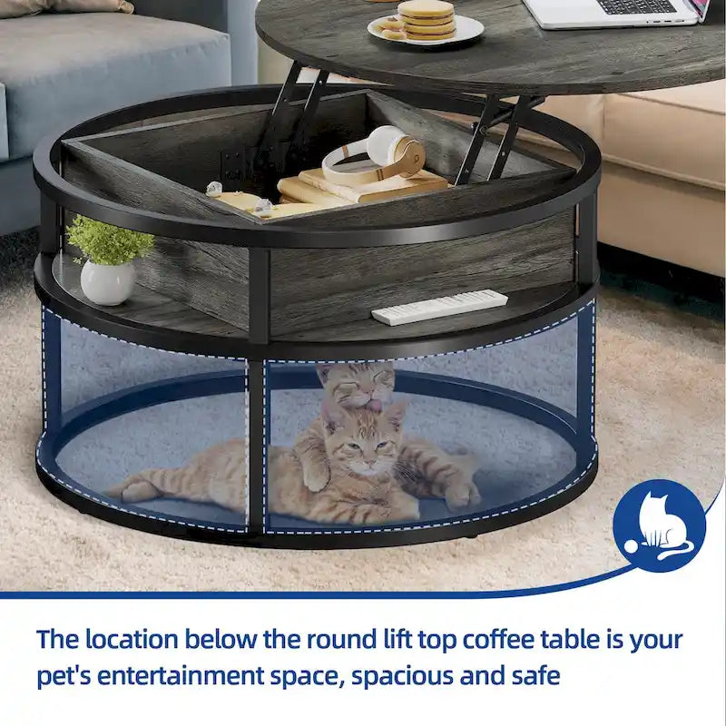 Table basse ronde relevable Moasis Farmhouse avec rangement dissimulé et étagère